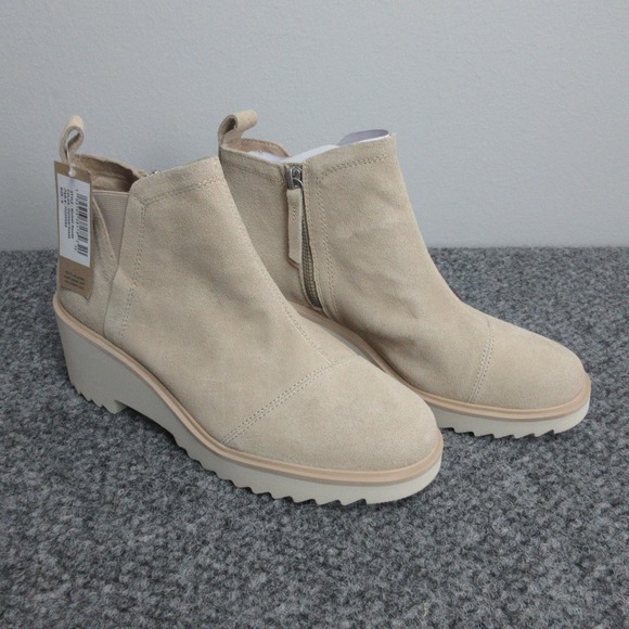 Toms Shoes - TOMS Maude Boots Womens Size 9 Beige Oatmeal Suede Wedge Ankle Bootie NWOB